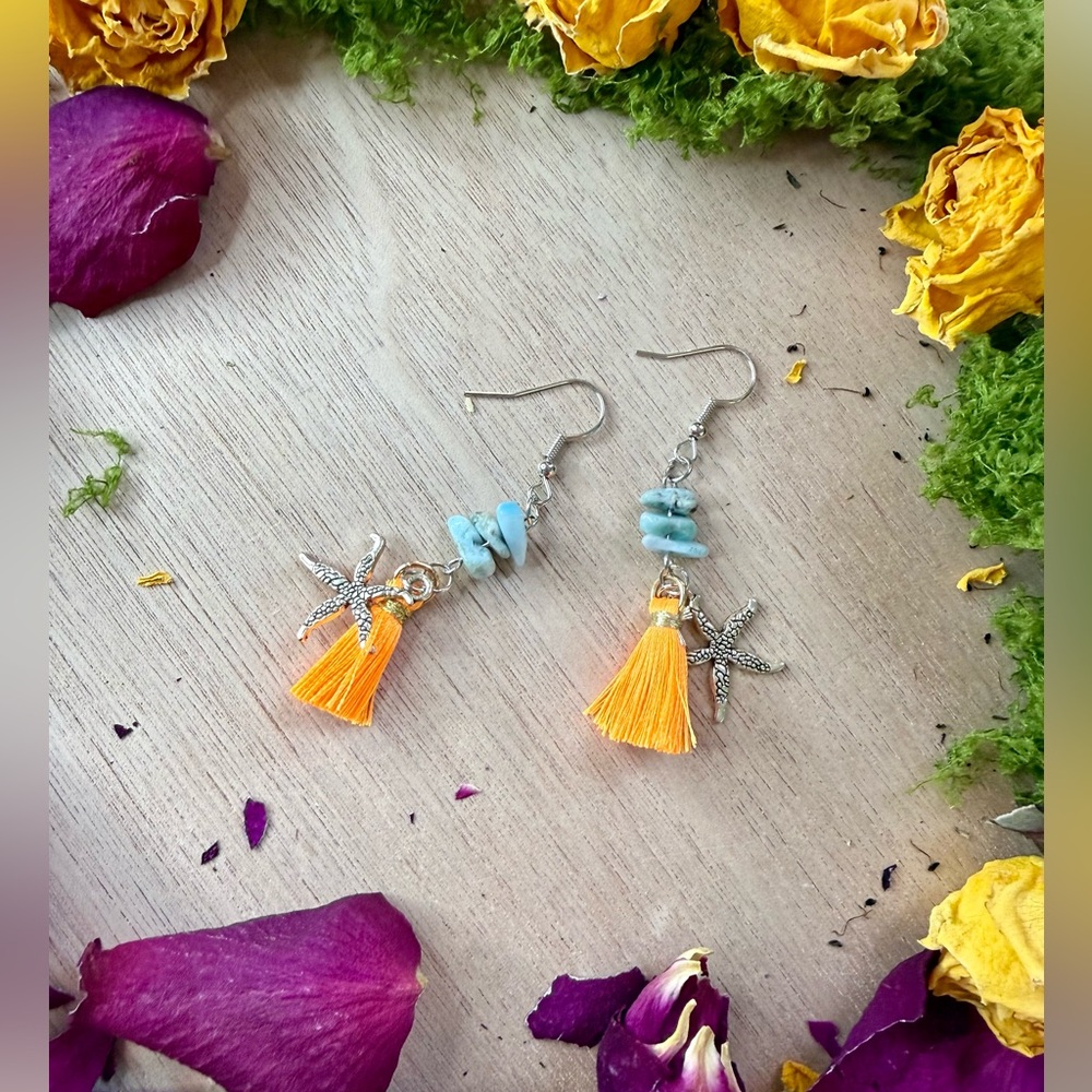 Handmade Larimar earrings with Starfish charms - Picture 3 of 3